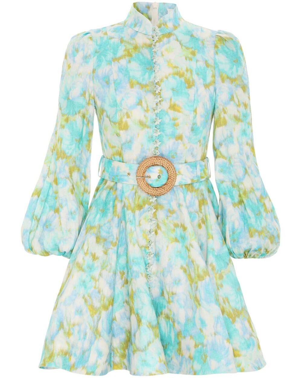 Zimmermann High Tide Button Mini Dress - 0 - Aqua Ikat Floral